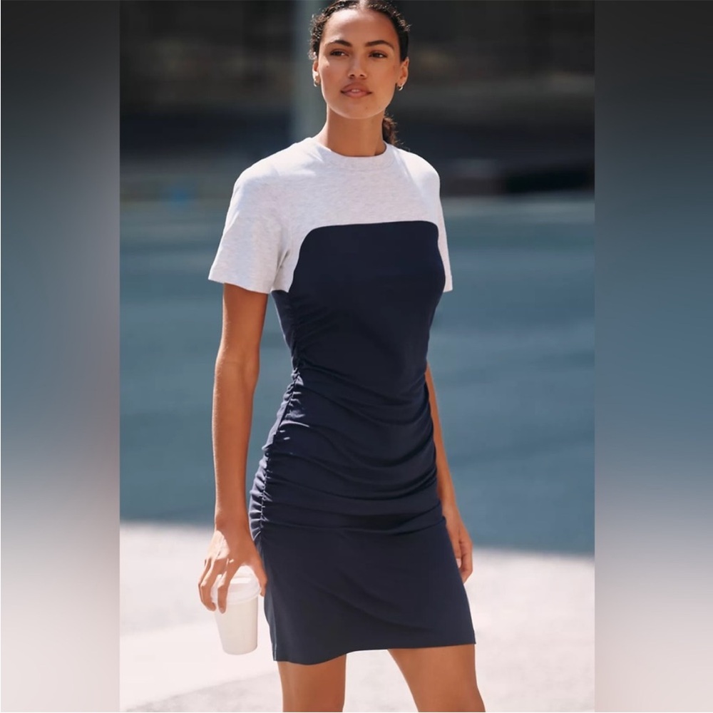 Colorblock Navy and White Ruched Mini Dress